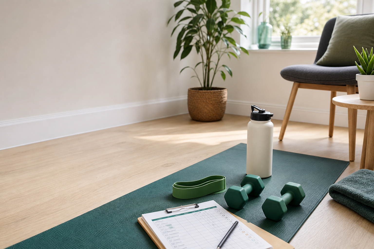 Home workout mat, light dumbbells, resistance band, chair and weekly checklist